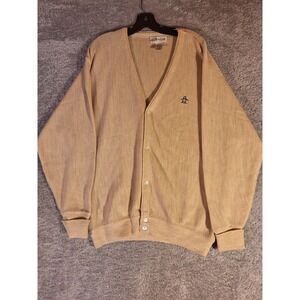 Grand Slam Penguin Mens XL V-Neck Cardigan Golf Sweater Tan Acrylic Textured VTG